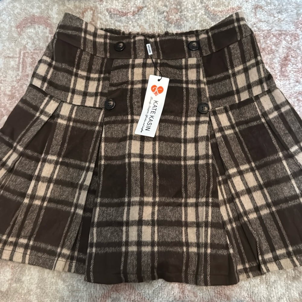 Brown Plaid Pleated Mini Skirt